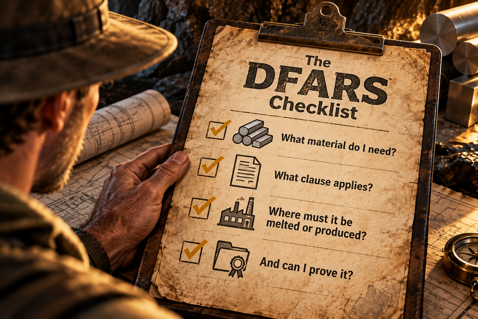 Grant Forge reviewing a DFARS checklist covering material requirements, applicable clauses, melt or production origin, and documentation.